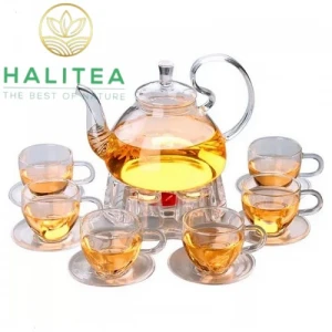 Bộ Ấm Trà Thủy Tinh Quai Cong Tách Dĩa Đế Tim 600ml