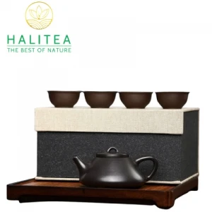 Bộ Ấm Tử Sa Thạch Biều Hắc Nê 260ml 4 Chén Hộp Thổ Cẩm