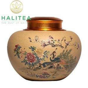 Hũ Đựng Trà Tử Sa Chim Công Nắp Đồng Cao Cấp