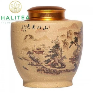 Hũ Đựng Trà Tử Sa Sông Núi Thiên Nhiên Nắp Đồng Cao Cấp