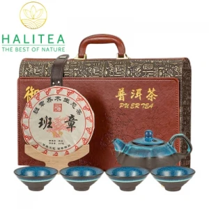 Set Bánh Trà Phổ Nhĩ Chín Vân Nam Bộ Ấm Chén Thiên Mục Hộp Da Vali