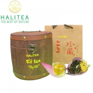 Trà Ướp Sen Tây Hồ Sấy Thăng Hoa Hộp Quà Tặng Gỗ Cao Cấp