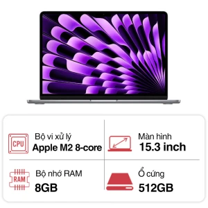 Laptop Apple Macbook Air 15 MQKQ3SA/A (M2 8-core CPU/ 8GB/ 512GB/ 10 core GPU/ 15.3inch/ Space Gray)