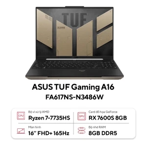 Laptop ASUS TUF Gaming A16 FA617NS-N3486W (AMD Ryzen 7-7735HS | 8GB | 512GB | RX 7600S 8GB | 16 inch FHD | Win 11 | Vàng)