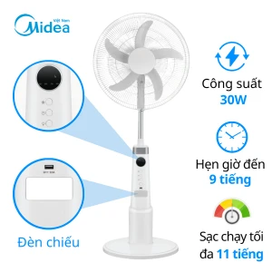 Quạt đứng sạc điện Midea MFS18ODOBPW, 30W, 11h dùng