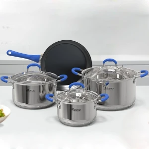 Bộ nồi chảo inox 304 5 đáy Sunhouse Mama SHG509, Bộ 3 nồi size 16, 20, 24cm, Chảo size 24cm, Vung kính cường lực siêu bền, Sử dụng trên mọi loại bếp