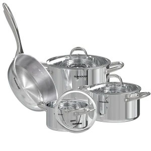 Bộ nồi chảo inox Sunhouse SHG808, Chất liệu inox 304, Thiết kế liền đáy bền bỉ, Vung kính cường lực sang trọng, Sử dụng trên mọi loại bếp
