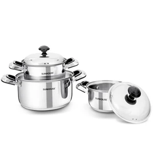 Bộ nồi inox 3 đáy Sunhouse SH333, Bộ 3 nồi size 16, 20, 24cm, Vung inox siêu bền, Sử dụng trên mọi loại bếp