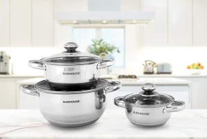 Bộ nồi inox 3 đáy Sunhouse SH334, Bộ 3 nồi size 16, 20, 24cm, Vung kính cường lực, Sử dụng trên mọi loại bếp
