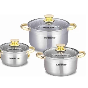 Bộ nồi inox 5 đáy Sunhouse SH781, Bộ 3 nồi size 16, 20, 24cm, Chất liệu inox cao cấp, Vung kính cường lực, Sử dụng trên mọi loại bếp