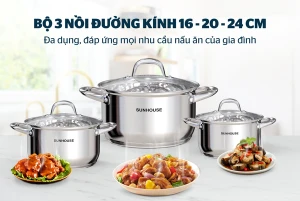 Bộ nồi inox 5 đáy Sunhouse SHG517, Bộ 3 nồi size 16, 20, 24 cm, Chất liệu inox sáng bóng, chống xước, dễ vệ sinh