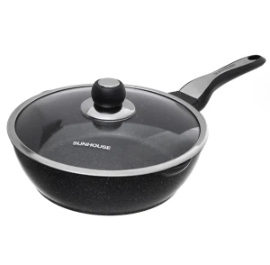 Chảo nhôm sâu chống dính Sunhouse SHG1228MBA, Đường kính 28cm, Vung kính cường lực, Chống dính vân đá, tay cầm bằng nhựa Bakelite cách nhiệt, Dùng được trên bếp từ.