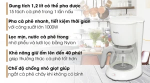 Máy pha cà phê Philips HD7447, Công suất 1000W, Dung tích 1.2 lít, Chất liệu vỏ thủy tinh, Thời gian giữ ấm 40 phút, Bảo hành 2 năm