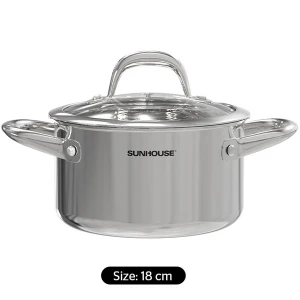 Nồi inox 304 đáy liền Sunhouse SHG706-18, Đường kính 18cm, Vung kính cường lực siêu bền