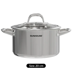 Nồi inox 304 đáy liền Sunhouse SHG706-20, Đường kính 20cm, Vung kính cường lực siêu bền