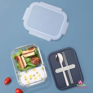 Hộp Cơm Thủy Tinh LocknLock LLG991CLNVY 930ml Xanh Navy - Kèm Muỗng Đũa