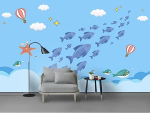 Tranh dán tường vẽ đàn cá xanh và khinh khí cầu TDT948