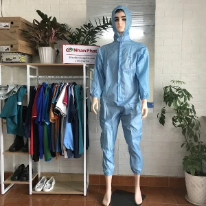 Quần áo liền thân phòng sạch PS622-18 có nón màu xanh