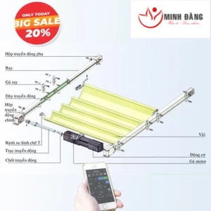 Rèm Trần Tự Động Xếp Ly 2 Ray 1 Động Cơ