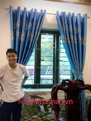 Rèm gấm ngọc trai dệt hình hoa hồng màu xanh ngọc RV77