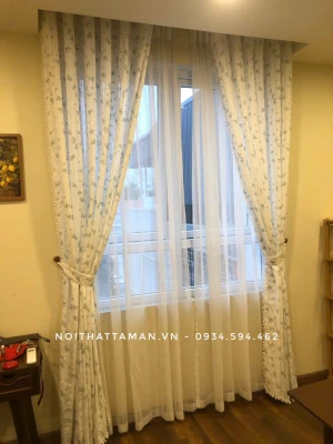 Rèm linen thêu hoa màu xanh RV92