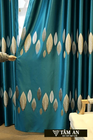 Rèm vải gấm ngọc trai màu xanh thêu bông lá RV84
