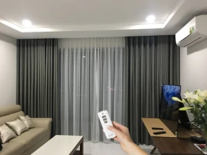 Rèm vải thô màu ghi cho phòng ngủ RV89