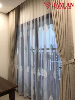 Rèm voan thêu lá xanh V17