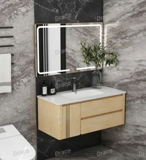 Tủ Lavabo Màu Gỗ Nhạt Draco T2111PGN Chất Liệu Nhựa PVC Lõi Đặc Chống Nước Tuyệt Đối - Kèm Gương Led