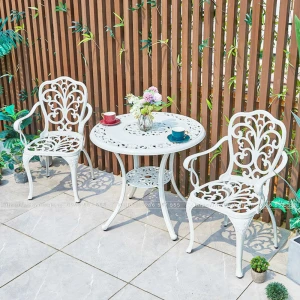 Bộ bàn ghế ban công nhôm đúc tròn 2 ghế màu trắng ND80-2GCB