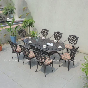 Bộ bàn ghế nhôm đúc cao cấp hình Elip màu đen đồng 8 ghế NDE210-8GHG