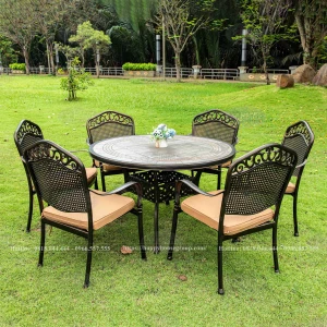 Bộ bàn ghế nhôm đúc cao cấp mặt đá 6 ghế đúc liền