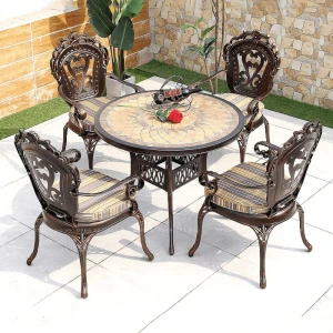 Bộ bàn ghế nhôm đúc mặt đá tròn cao cấp để sân vườn NDMD80-4TT