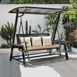 Xích đu nhôm đúc sân vườn 3 chỗ mái che năng lượng có gác chân XD3C-GC