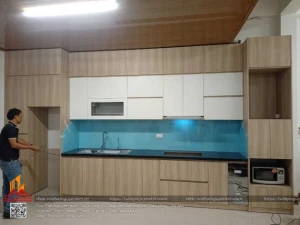 Bàn giao tủ bếp melamine chữ I nhà chị Dung, Mê Linh