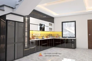 Giá tủ bếp inox cánh kính nhà chị Yến, Quảng Yên, Quảng Ninh