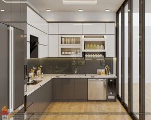 Mẫu tủ bếp acrylic chữ L nhà anh Đoan, Văn Giang, Hưng Yên