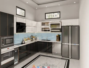 Mẫu tủ bếp cánh kính cường lực chữ L nhà chị Vân, Mê Linh