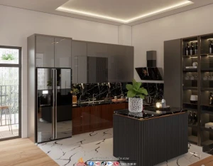 Mẫu tủ bếp có bàn đảo chất liệu acrylic thiết kế cho không gian biệt thự