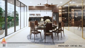 Mẫu tủ bếp gỗ óc chó chữ I kết hợp cánh acrylic