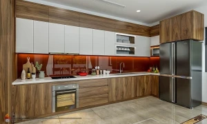 Mẫu tủ bếp gỗ óc chó chữ L kết hợp cánh Acrylic An Cường