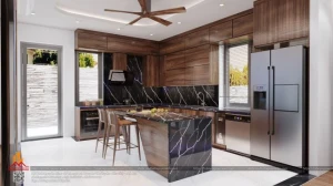 Mẫu tủ bếp gỗ óc chó chữ L kịch trần có bàn đảo sang trọng