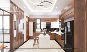 Mẫu tủ bếp gỗ óc chó có bàn đảo nhà anh Long, Tp.Hưng Yên