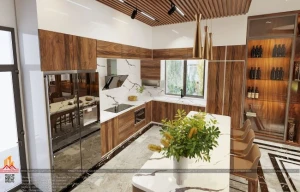 Mẫu tủ bếp gỗ óc chó hiện đại, sang trọng cho biệt thự Ecopark