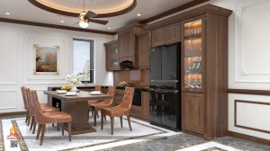 Mẫu tủ bếp gỗ óc chó thiết kế chữ L phong cách tân cổ