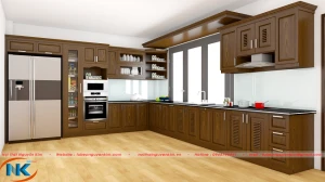 Mẫu tủ bếp gỗ sồi nga chữ L màu gỗ óc chó sang trọng