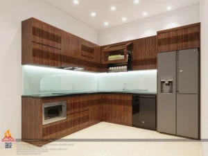 Mẫu tủ bếp gỗ sồi nga màu óc chó sang trọng nhà chị Tâm, Trích Sài, Long Biên