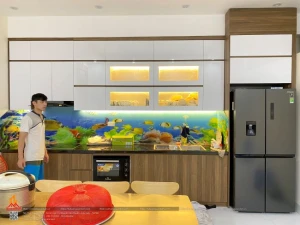Mẫu tủ bếp inox cánh acrylic an cường nhà chú Chiến, Hoài Đức