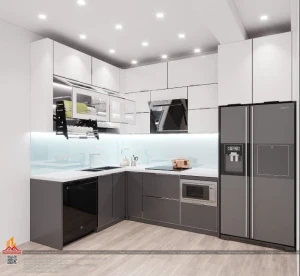 Mẫu tủ bếp inox cánh kính chữ L kịch trần nhà chị Hạnh, Cầu Giấy