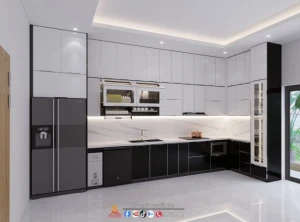 Mẫu tủ bếp inox cánh kính chữ L nhà anh Hưng, Sóc Sơn